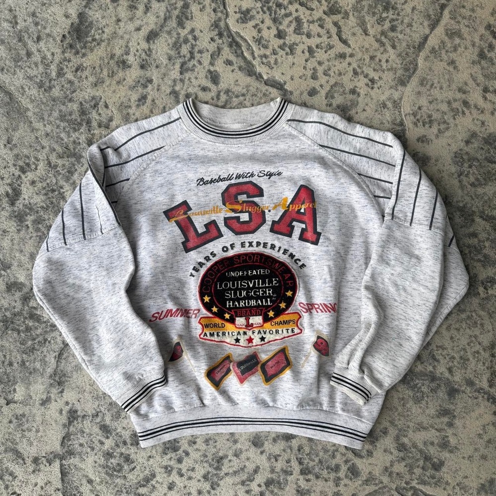 Vintage 90s Louisville Slugger Striped Graphic Crewneck Sweatshirt Mens M Grey